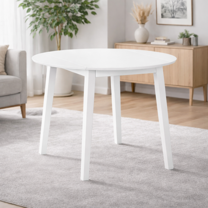 Set masa living plianta Philadelphia, MDF, lemn masiv, rotunda, 55/90 x 90 x 74,8 cm si 4 scaune Vienna, tapiterie stofa, 94x49x40 cm, alb [3]