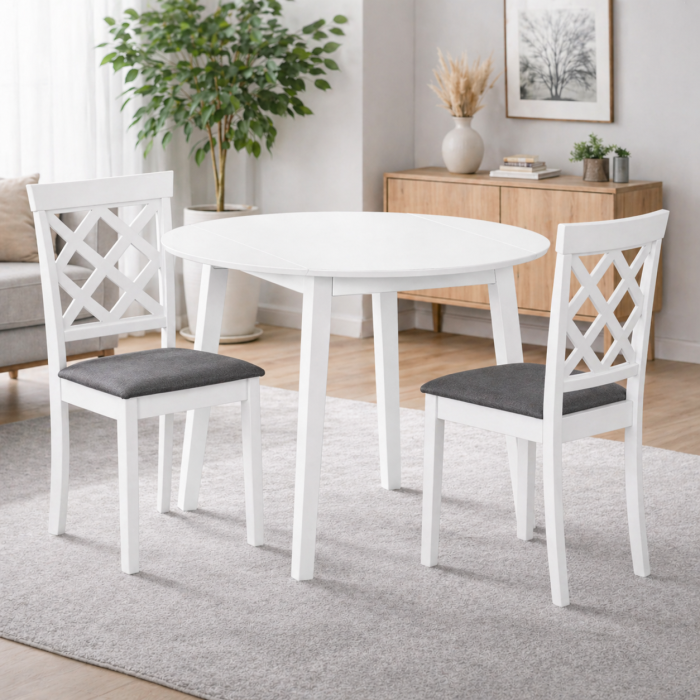 Set masa living plianta Philadelphia, MDF, lemn masiv, rotunda, 55/90 x 90 x 74,8 cm si 4 scaune Vienna, tapiterie stofa, 94x49x40 cm, alb [2]