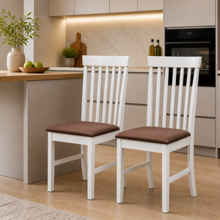Set masa living rotunda Montreal, lemn masiv, MDF, 90x73.8 cm si 4 scaune lemn masiv Glendale, stofa,100 kg, 93x49x41.5 cm, alb/maro [3]