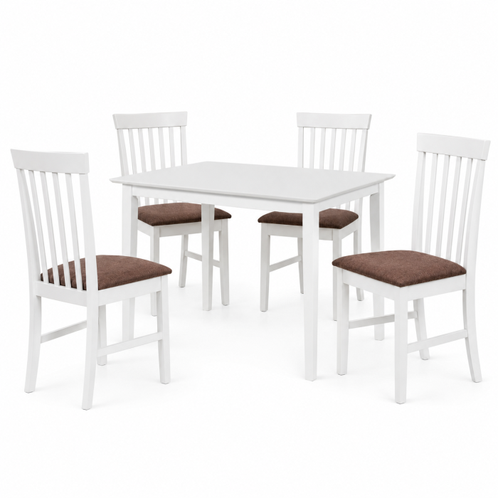 Set masa living si bucatarie Bali, MDF, 112x72x74 cm si 4 scaune Glendale, stofa,100 kg, 93x49x41.5 cm, alb/maro [2]