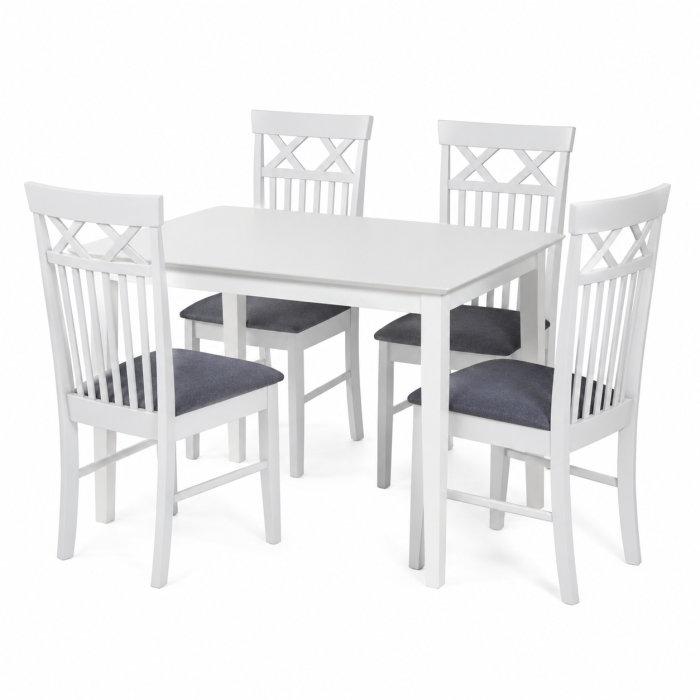 Set masa living si bucatarie Bali, MDF, 112x72x74 cm si  4 scaune Rebecca, stofa,100 kg, 94x49x43.5 cm, alb/gri [2]