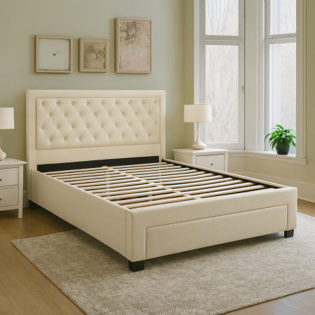 Paturi - Pat Austin 160x200 crem cu sertar frontal și somieră – tăblie capitonată
