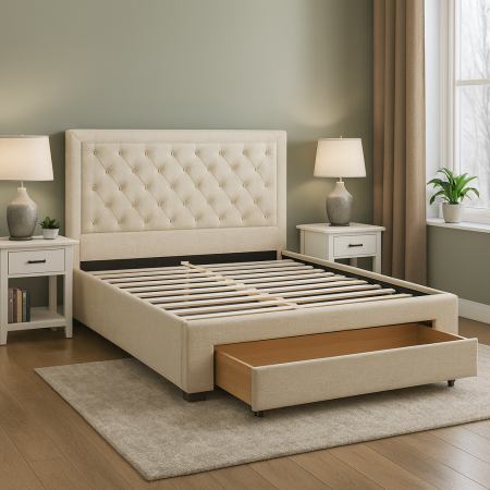 Paturi - Pat Austin 140x200 cu sertar frontal și somieră, crem – tăblie capitonată
