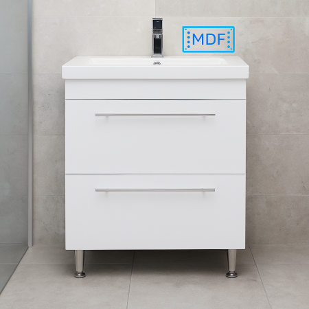 Baze cu lavoar - Mobilier baie alb cu lavoar ceramic si manere cromate, picioare cromate reglabile