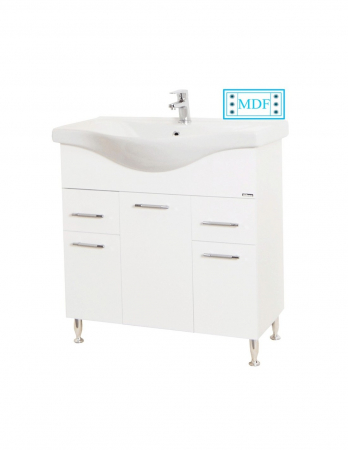 Mobilier de baie alb cu lavoar ceramic, 80 cm, din PAL si MDF, cu sertare si picioare cromate [1]