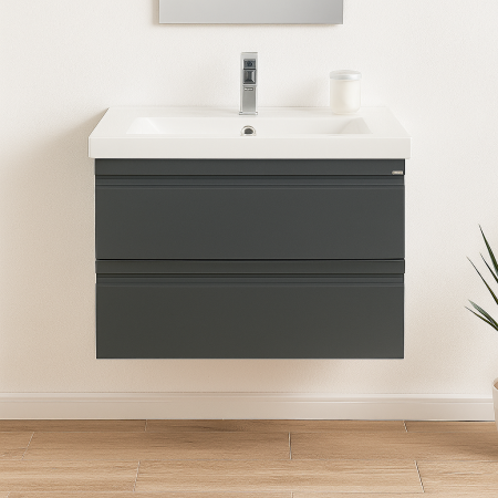Baze cu lavoar - Set mobilier baie suspendat GN7861 90 cm gri antracit cu lavoar ceramic