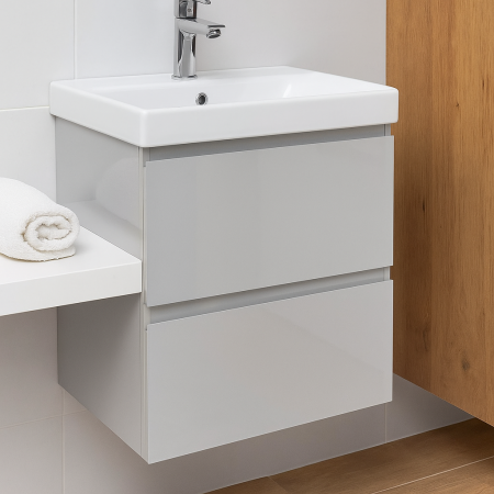 Baze cu lavoar - Set mobilier baie suspendat CS9731, 50 cm, alb lucios, cu sertare și lavoar ceramic