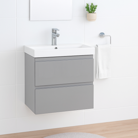 Baze cu lavoar - Mobilier baie suspendat gri lucios cu lavoar ceramic si 2 sertare