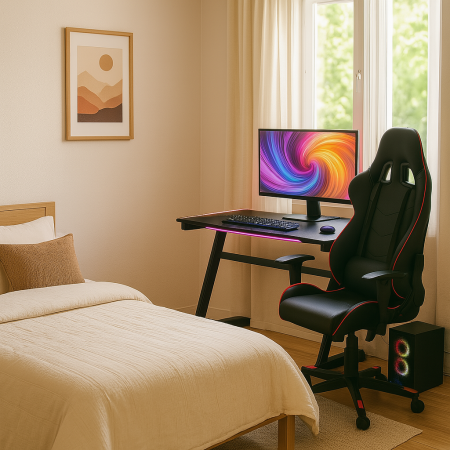 Birou de gaming negru HM B40 cu iluminare LED RGB si scaun ergonomic [2]