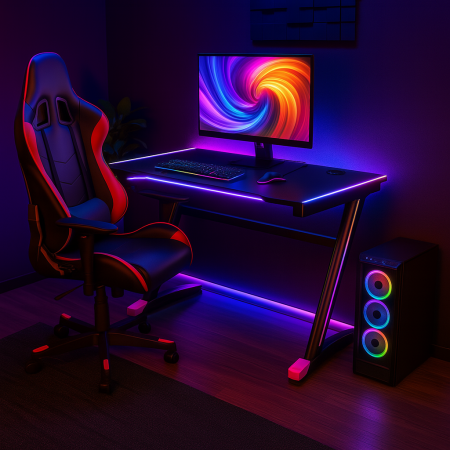 Birou - Birou de gaming negru HM B40 cu iluminare LED RGB si scaun ergonomic