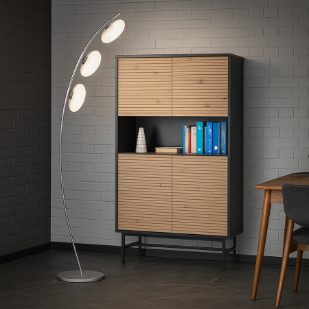 Comode dormitor Drimus - Comoda HM Murano KM3 cu fronturi riflate din stejar artizanal si carcasa neagra