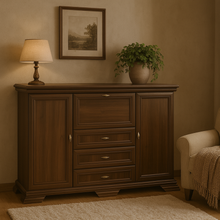 Comode living - Comoda living din lemn masiv nuc cu 3 sertare si bar