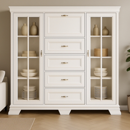 Comode living - Comoda living VM7 alb cu vitrine si sertare