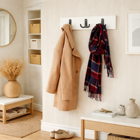 Produse in stoc - Cuier perete compact cu 3 agatatori 44x11 cm, alb