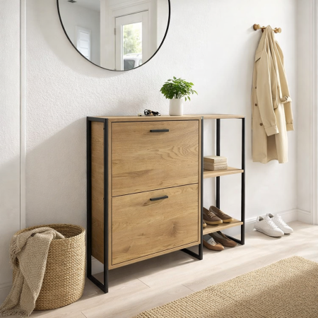 Produse in stoc - Dulap pentru depozitare pantofi Marilyn, 2 usi, rafturi, cadru metalic, MDF, stejar