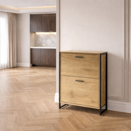 Produse in stoc - Dulap pentru depozitare pantofi Pia, 2 usi, cadru metalic, MDF, stejar