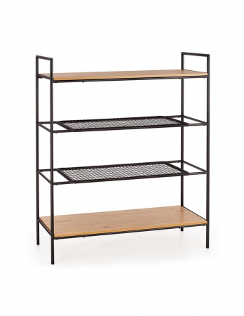 Birou - Etajera cu 4 polite metal negru si MDF stejar auriu