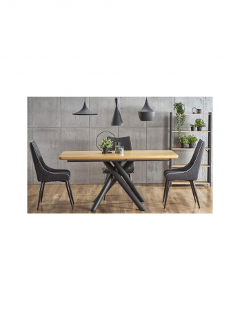 Mese living - Masa extensibila HM Derrick stejar negru cu picioare metalice in forma de X si scaune gri in sala de mese