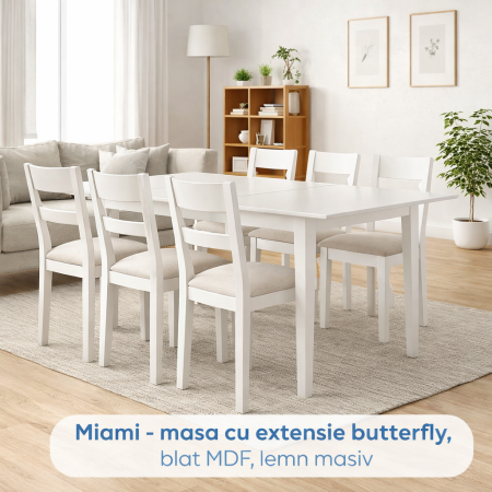 Masa living si bucatarie extensibila Miami, MDF, structura lemn masiv, 6 persoane, 120/150 x 80 x 73.8 cm, alb [1]