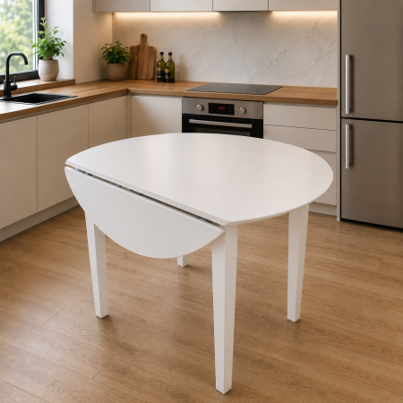 Masa living si bucatarie plianta Philadelphia, MDF, structura lemn masiv, rotunda, 4 persoane, 55/90 x 90 x 74,8 cm, alb [5]