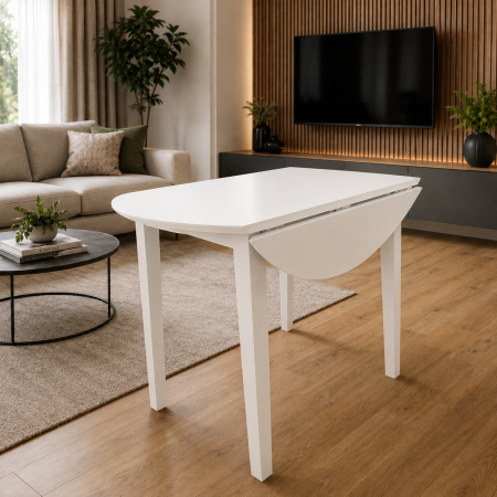Masa living si bucatarie plianta Philadelphia, MDF, structura lemn masiv, rotunda, 4 persoane, 55/90 x 90 x 74,8 cm, alb [4]