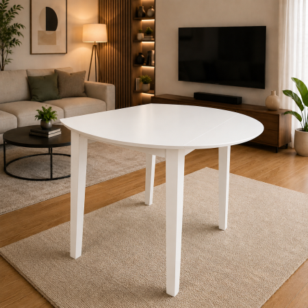 Masa living si bucatarie plianta Philadelphia, MDF, structura lemn masiv, rotunda, 4 persoane, 55/90 x 90 x 74,8 cm, alb [6]