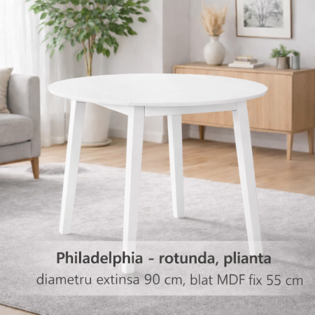 Masa living si bucatarie plianta Philadelphia, MDF, structura lemn masiv, rotunda, 4 persoane, 55/90 x 90 x 74,8 cm, alb [1]