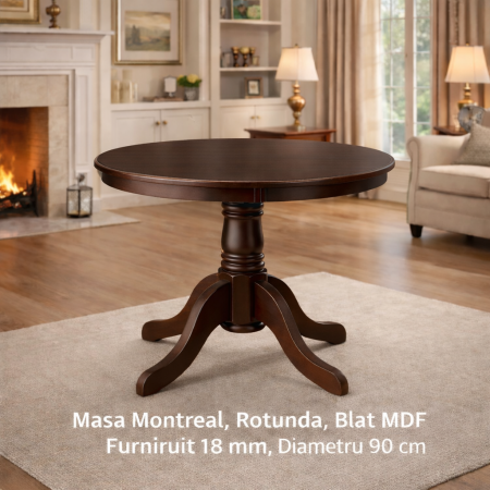 Mese bucatarii - Masa living si bucatarie rotunda Montreal, cadru lemn masiv, MDF furniruit, 4 persoane, 90x73.8 cm, nuc