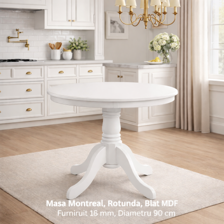 Mese bucatarii - Masa living si bucatarie rotunda Montreal, cadru lemn masiv, MDF vopsit, 4 persoane, 90x73.8 cm, Alb