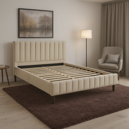 Pat Erzon 160x200 crem – lemn masiv, somieră lamelară, tăblie capitonată [1]