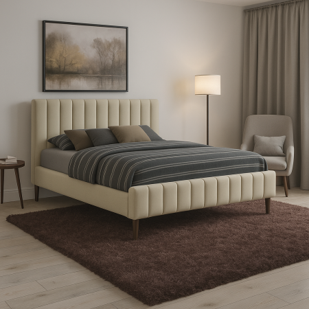 Paturi - Pat Erzon 160x200 crem – lemn masiv, somieră lamelară, tăblie capitonată