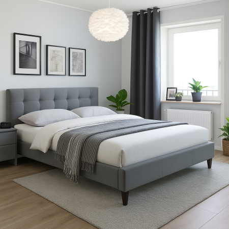 Paturi - Pat HM Samara 2 160x200 gri cu tablie capitonata si picioare din lemn masiv