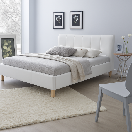 Paturi - Pat matrimonial HM Sandy 160x200 alb cu tablie capitonata si picioare din lemn