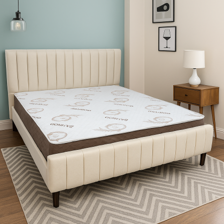 Mobilier  - Pat matrimonial Erzon, elemente lemn masiv, tapitat cu stofa, cu somiera,160x200 cm, crem RESIGILAT