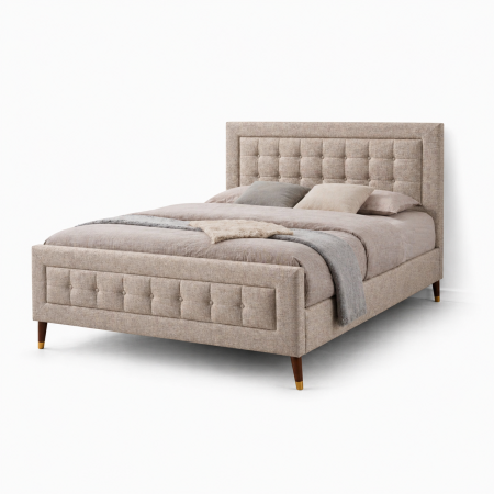 Mobilier  - Pat matrimonial Melodie, elemente lemn masiv, tapitat cu stofa, cu somiera,140x200 cm, bej