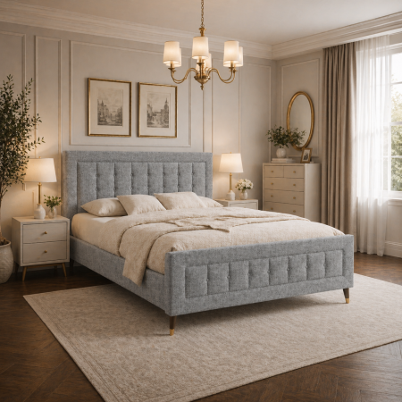 Mobilier  - Pat matrimonial Melodie, elemente lemn masiv, tapitat cu stofa, cu somiera,140x200 cm, gri