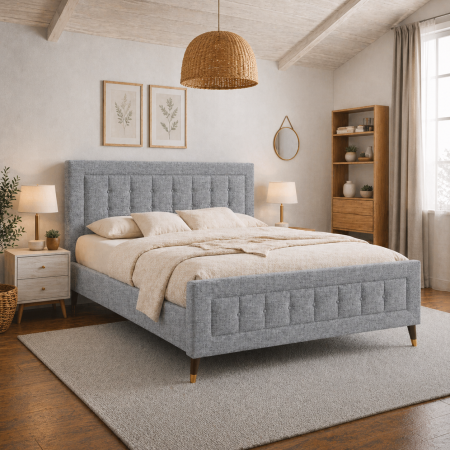 Mobilier  - Pat matrimonial Melodie, elemente lemn masiv, tapitat cu stofa, cu somiera,160x200 cm, gri