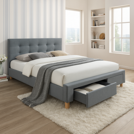 Paturi - Pat SL Ascot 160x200 gri cu sertare si tăblie capitonată