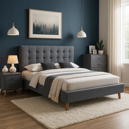 Paturi - Pat SL Melissa 160x200 gri cu tablie capitonata si picioare din lemn