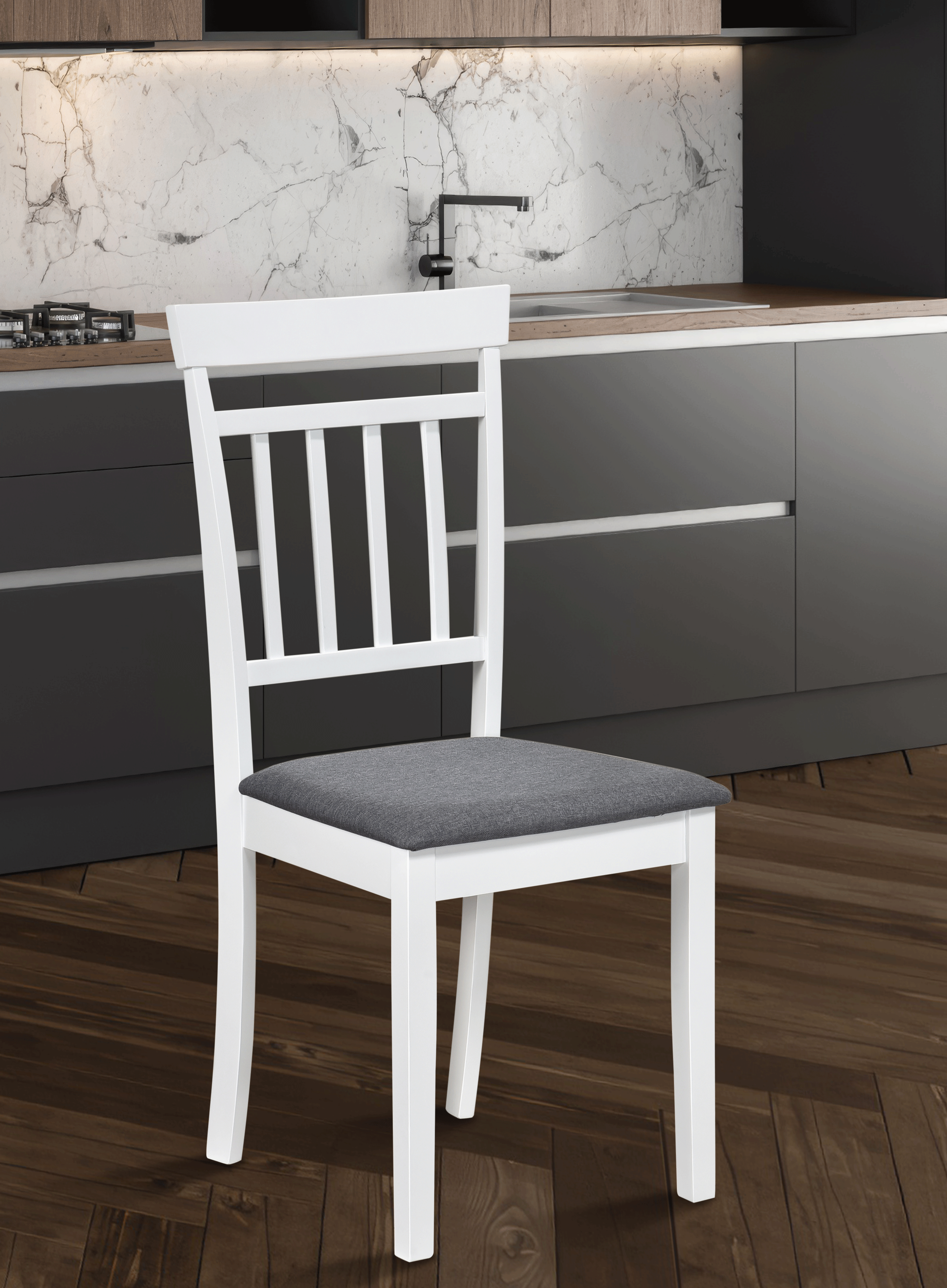 Scaune Lemn - Scaun de living si bucatarie din lemn masiv Hudson, tapiterie stofa,100 kg, 94x50x42 cm, alb/gri