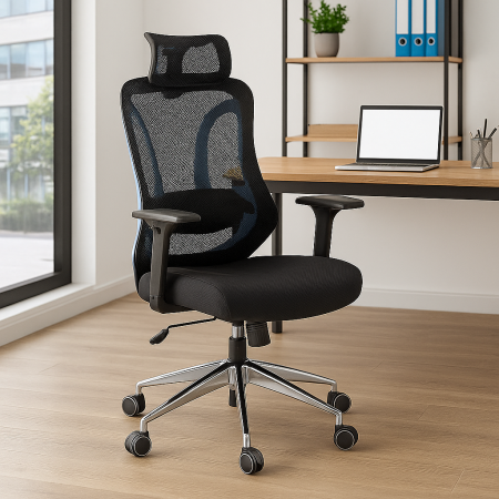 Scaune directoriale - Scaun directorial negru HM Gilberto, ergonomic, cu suport lombar și bază din aluminiu cromat