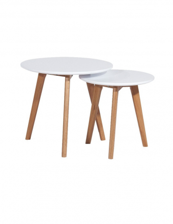 Mese living - Set 2 masute cafea rotunde albe cu picioare din lemn de stejar SL Milan S2