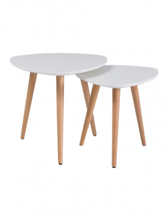 Mese living - Set doua mese cafea albe cu picioare din lemn de stejar