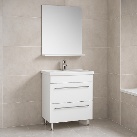 Baie - Set mobilier baie alb cu oglinda si lavoar, 2 sertare, picioare cromate