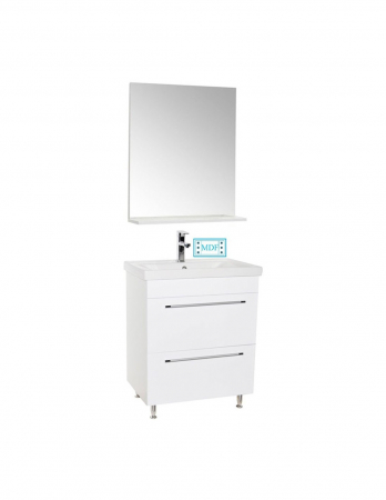 Set mobilier baie alb cu oglinda si lavoar, 2 sertare, picioare cromate [1]