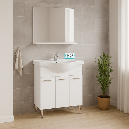 Baie - Set mobilier baie alb cu lavoar ceramic si oglinda cu poliță