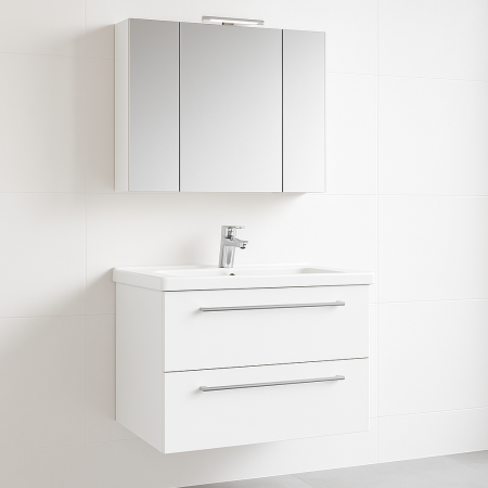 Baie - Set mobilier baie suspendat alb GN0541 cu lavoar ceramic si oglinda cu dulap si iluminare LED