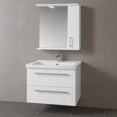 Baie - Set mobilier baie GN0541 cu lavoar si sertare, alb lucios, oglinda cu LED