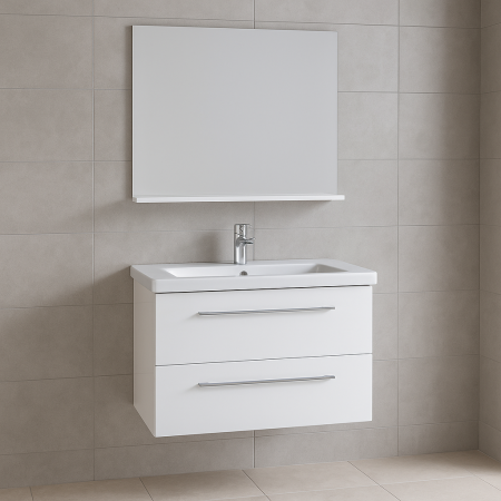 Baie - Set mobilier baie suspendat alb cu lavoar ceramic si oglinda