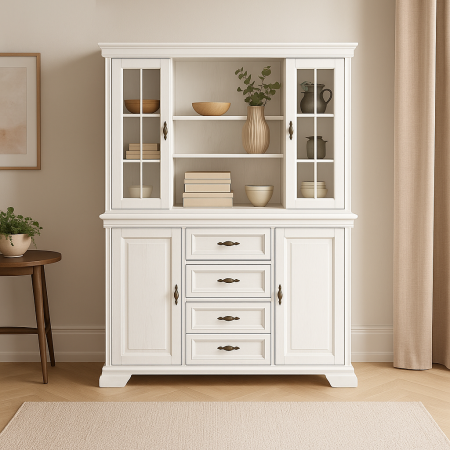 Comode living - Set comoda living VM3 si vitrina VMN4 alb cu spatii de depozitare si usi vitrate